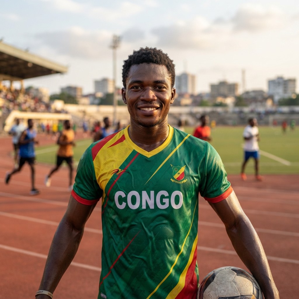 Jeune athlète congolais souriant, en tenue de club, sur un terrain de sport